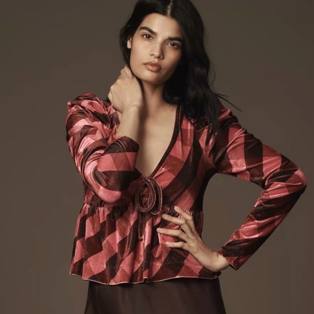 Maeve Anthropologie Velvet Babydoll Top L Pink Brown Plaid Shirt Long Sleeve